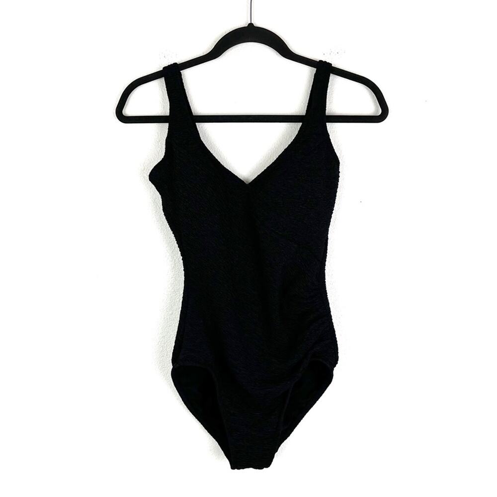 One Piece Swimsuit V Neck Ruched Lined Crepe Black Size 12